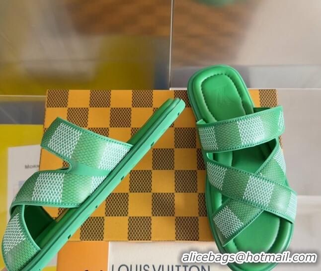 Classic Practical Louis Vuitton Men's LV Venice Flat Slide Sandals in Damier Leather Green 0426096