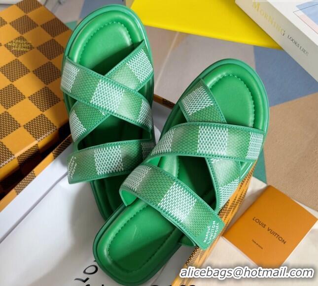 Classic Practical Louis Vuitton Men's LV Venice Flat Slide Sandals in Damier Leather Green 0426096