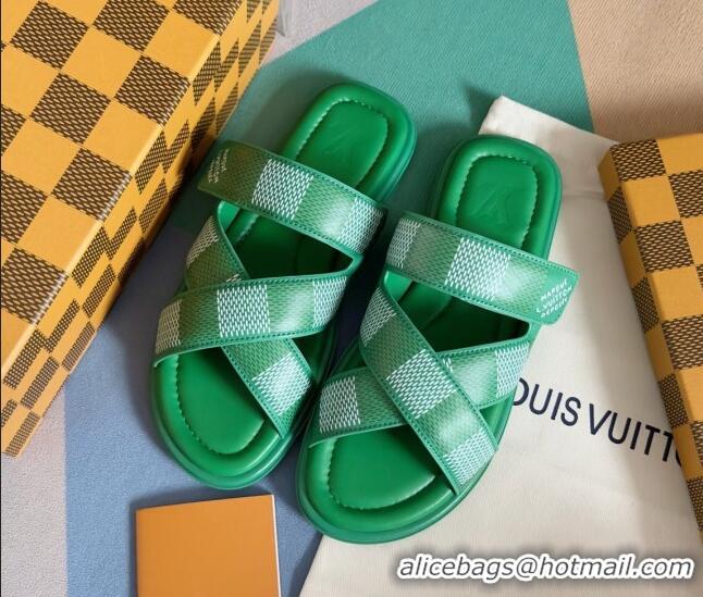 Classic Practical Louis Vuitton Men's LV Venice Flat Slide Sandals in Damier Leather Green 0426096