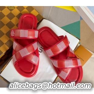 Best Price Louis Vuitton Men's LV Venice Flat Slide Sandals in Damier Leather Red 426097