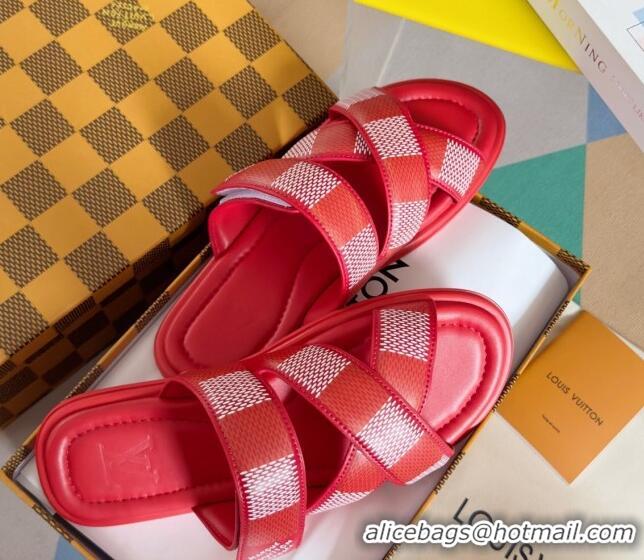 Best Price Louis Vuitton Men's LV Venice Flat Slide Sandals in Damier Leather Red 426097