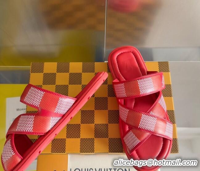 Best Price Louis Vuitton Men's LV Venice Flat Slide Sandals in Damier Leather Red 426097