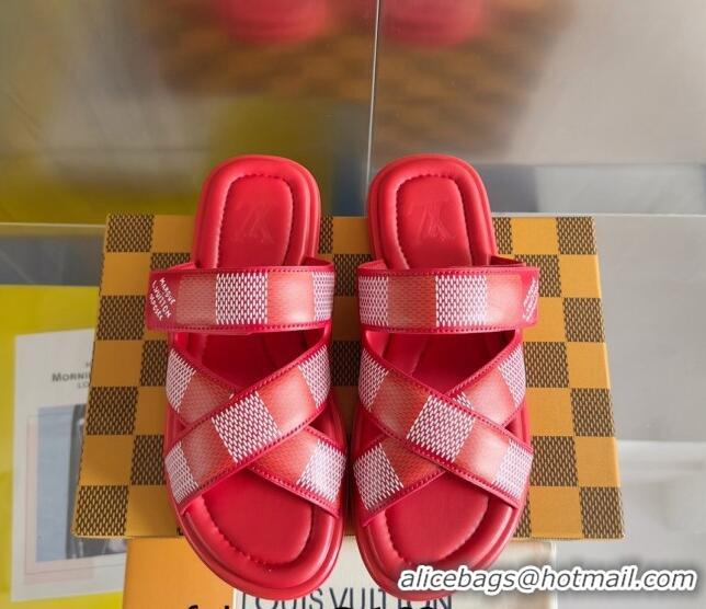 Best Price Louis Vuitton Men's LV Venice Flat Slide Sandals in Damier Leather Red 426097