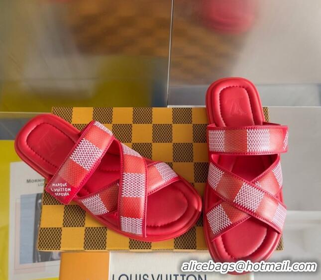 Best Price Louis Vuitton Men's LV Venice Flat Slide Sandals in Damier Leather Red 426097