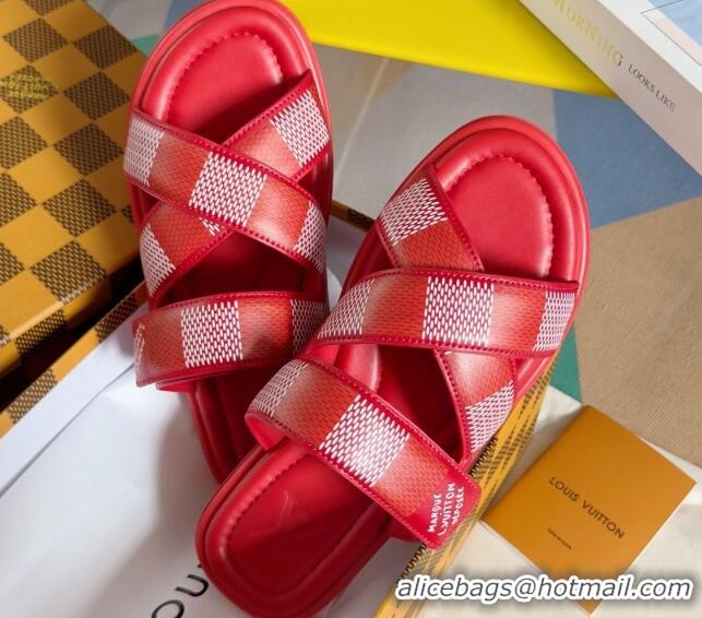 Best Price Louis Vuitton Men's LV Venice Flat Slide Sandals in Damier Leather Red 426097