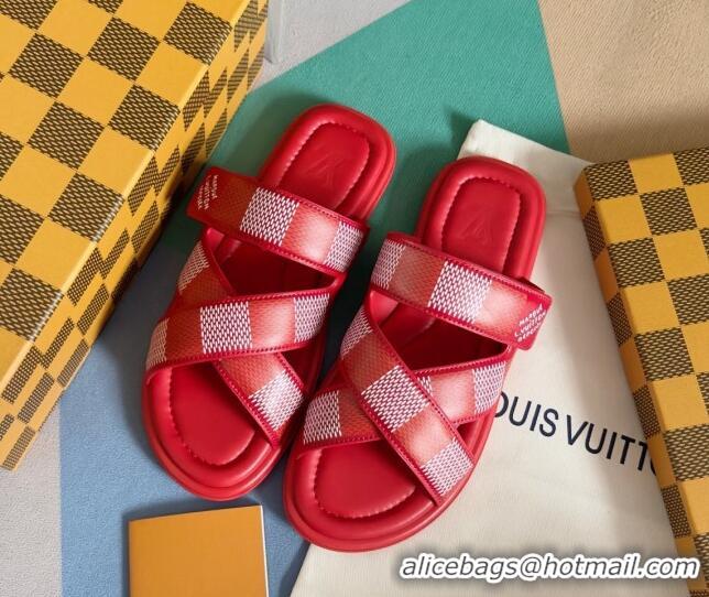 Best Price Louis Vuitton Men's LV Venice Flat Slide Sandals in Damier Leather Red 426097