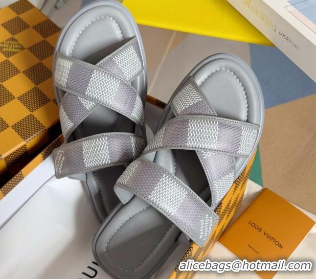 Luxurious Louis Vuitton Men's LV Venice Flat Slide Sandals in Damier Leather Grey 426099