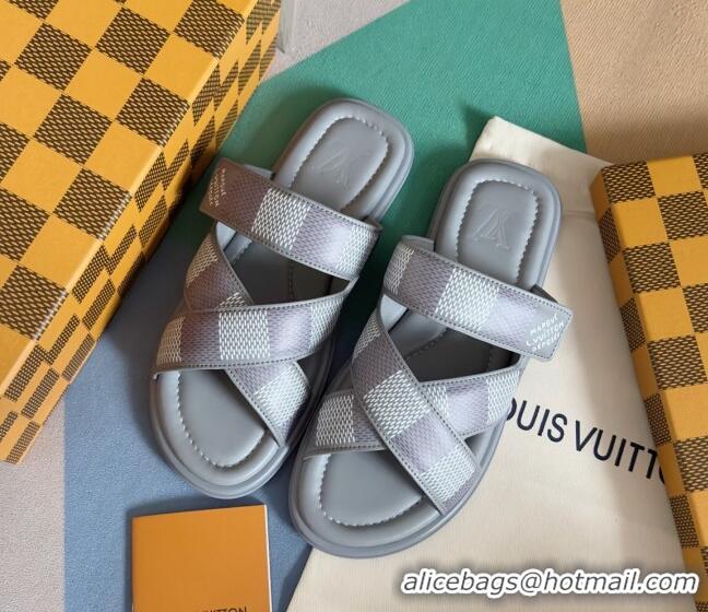 Luxurious Louis Vuitton Men's LV Venice Flat Slide Sandals in Damier Leather Grey 426099