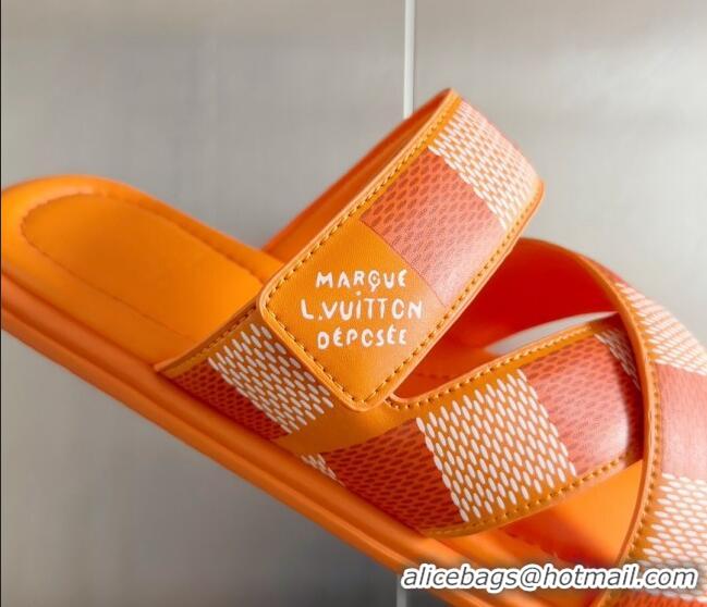 Design Discount Louis Vuitton Men's LV Venice Flat Slide Sandals in Damier Leather Orange 426100