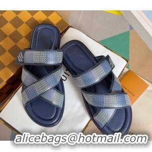 Sumptuous Louis Vuitton Men's LV Venice Flat Slide Sandals in Damier Leather Blue 0426101