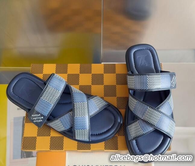 Sumptuous Louis Vuitton Men's LV Venice Flat Slide Sandals in Damier Leather Blue 0426101