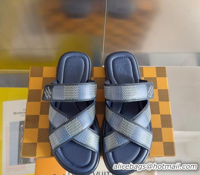 Sumptuous Louis Vuitton Men's LV Venice Flat Slide Sandals in Damier Leather Blue 0426101