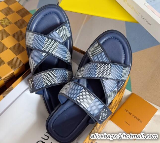 Sumptuous Louis Vuitton Men's LV Venice Flat Slide Sandals in Damier Leather Blue 0426101