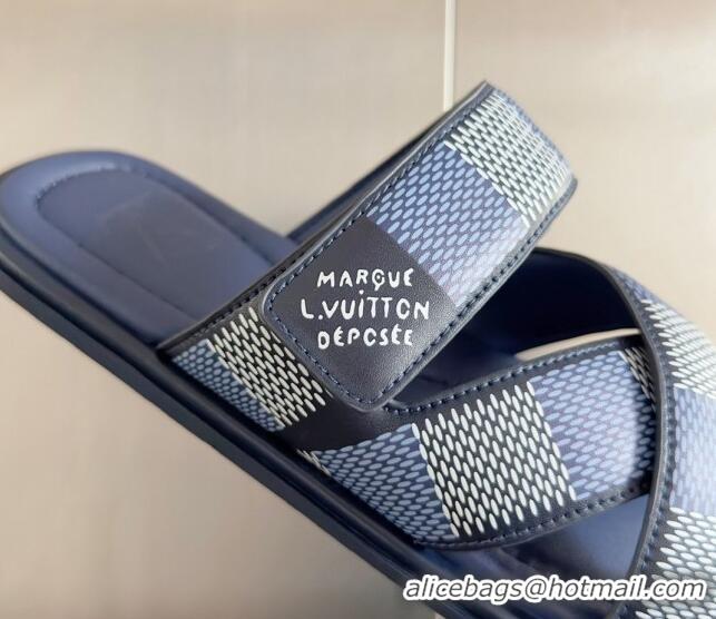 Sumptuous Louis Vuitton Men's LV Venice Flat Slide Sandals in Damier Leather Blue 0426101