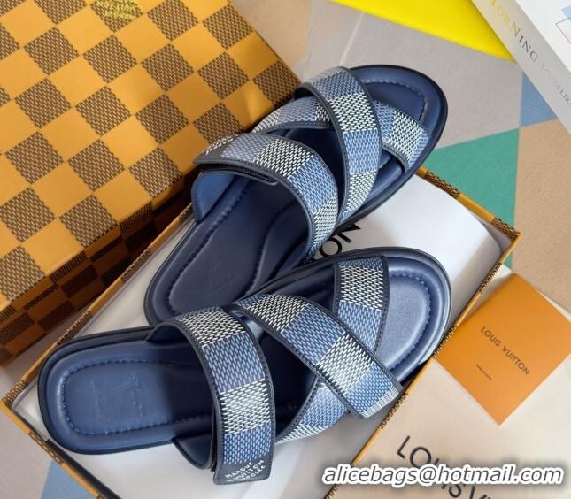 Sumptuous Louis Vuitton Men's LV Venice Flat Slide Sandals in Damier Leather Blue 0426101