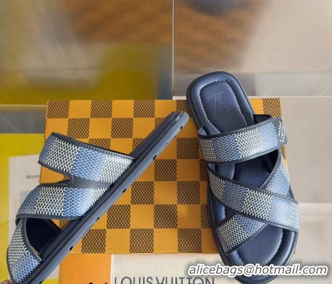 Sumptuous Louis Vuitton Men's LV Venice Flat Slide Sandals in Damier Leather Blue 0426101