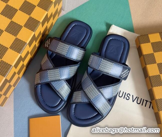 Sumptuous Louis Vuitton Men's LV Venice Flat Slide Sandals in Damier Leather Blue 0426101