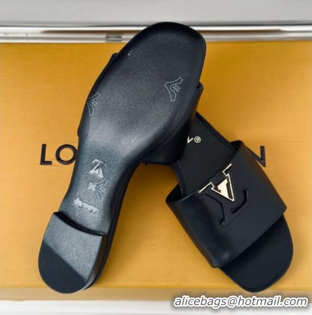 Durable Louis Vuitton LV Capri Flat Slide Sandals in Calf Leather Black 426103