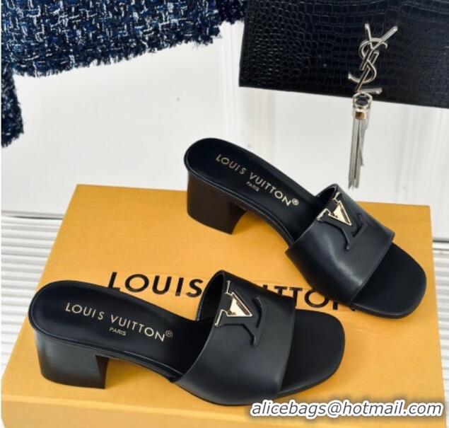 Top Design Louis Vuitton LV Capri Heel Slide Sandals 5cm in Calf Leather Black 426106