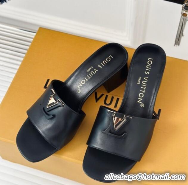 Top Design Louis Vuitton LV Capri Heel Slide Sandals 5cm in Calf Leather Black 426106