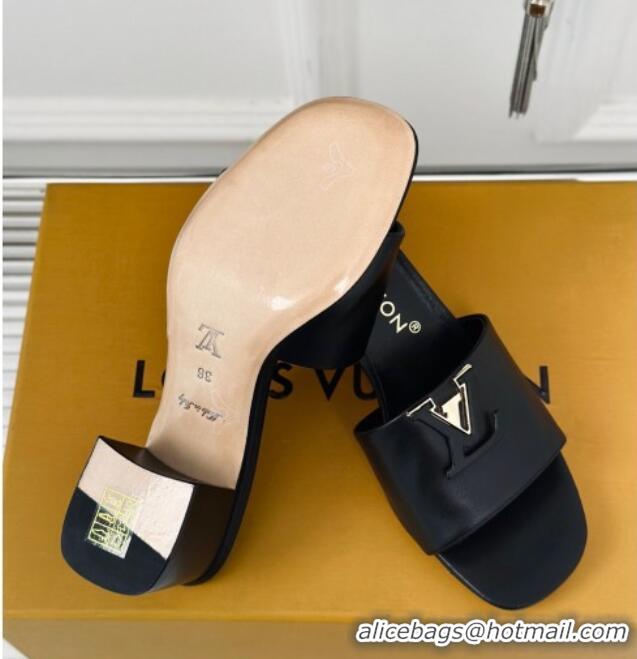 Top Design Louis Vuitton LV Capri Heel Slide Sandals 5cm in Calf Leather Black 426106