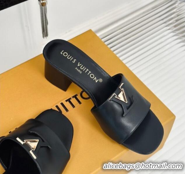 Top Design Louis Vuitton LV Capri Heel Slide Sandals 5cm in Calf Leather Black 426106