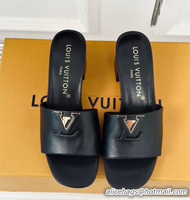 Top Design Louis Vuitton LV Capri Heel Slide Sandals 5cm in Calf Leather Black 426106