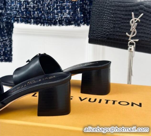 Top Design Louis Vuitton LV Capri Heel Slide Sandals 5cm in Calf Leather Black 426106