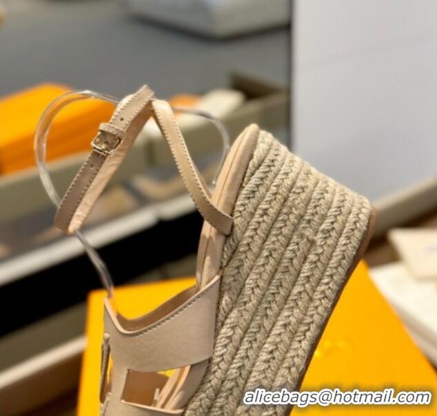 Stylish Louis Vuitton Isola Wedge Sandals 9cm with LV Circle in Calf Leather Beige 426115