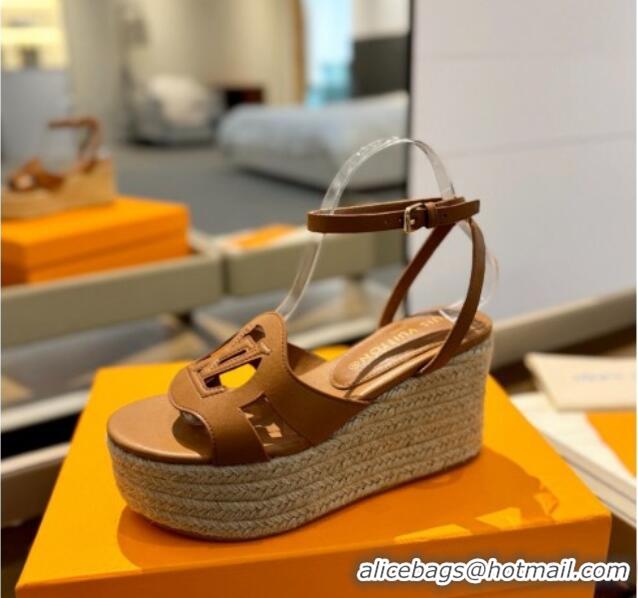 Pretty Style Louis Vuitton Isola Wedge Sandals 9cm with LV Circle in Calf Leather Brown 426118