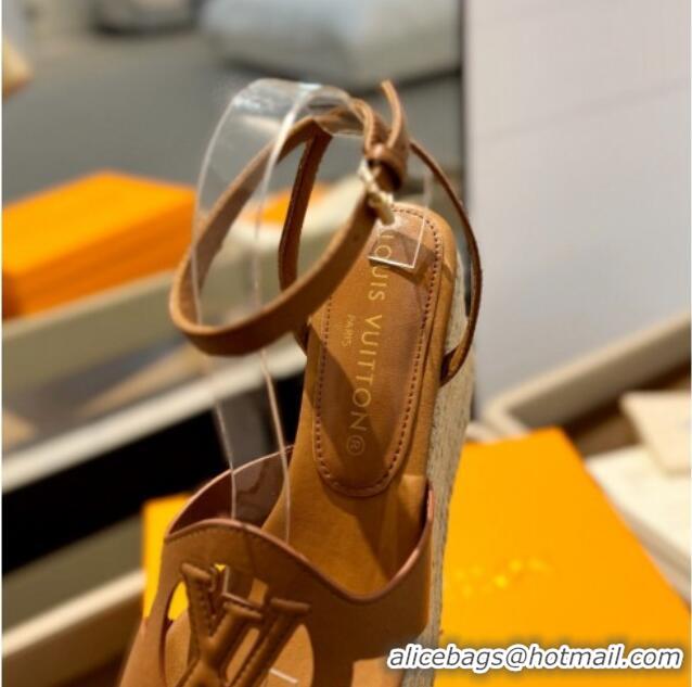 Pretty Style Louis Vuitton Isola Wedge Sandals 9cm with LV Circle in Calf Leather Brown 426118