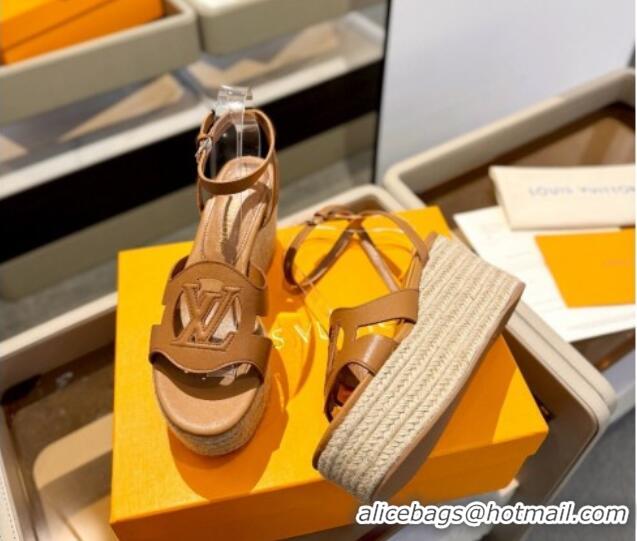 Pretty Style Louis Vuitton Isola Wedge Sandals 9cm with LV Circle in Calf Leather Brown 426118