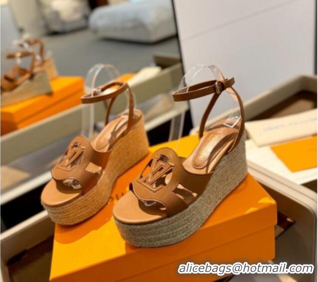 Pretty Style Louis Vuitton Isola Wedge Sandals 9cm with LV Circle in Calf Leather Brown 426118