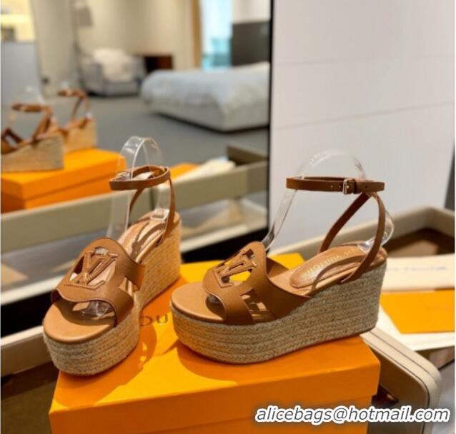 Pretty Style Louis Vuitton Isola Wedge Sandals 9cm with LV Circle in Calf Leather Brown 426118