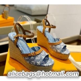 Sumptuous Louis Vuitton Helios Wedge Sandals 11cm in Monogram Jacquard Light Blue 426123