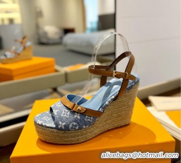 Sumptuous Louis Vuitton Helios Wedge Sandals 11cm in Monogram Jacquard Light Blue 426123