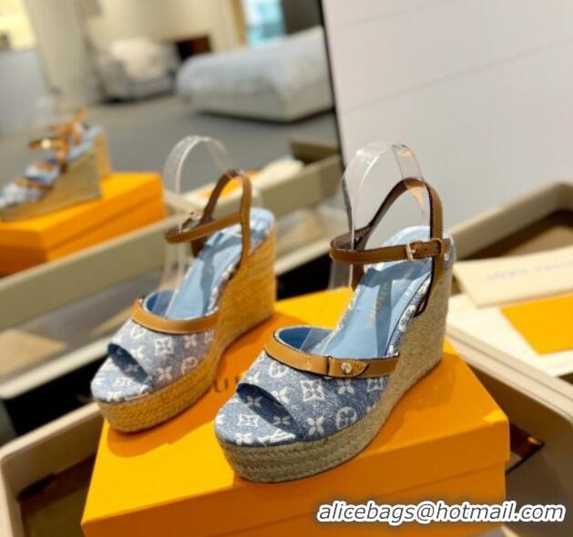 Sumptuous Louis Vuitton Helios Wedge Sandals 11cm in Monogram Jacquard Light Blue 426123