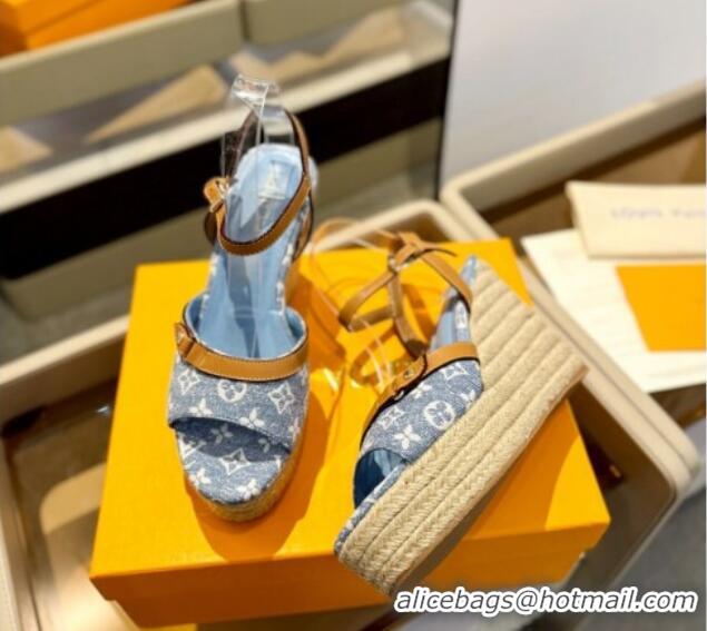 Sumptuous Louis Vuitton Helios Wedge Sandals 11cm in Monogram Jacquard Light Blue 426123