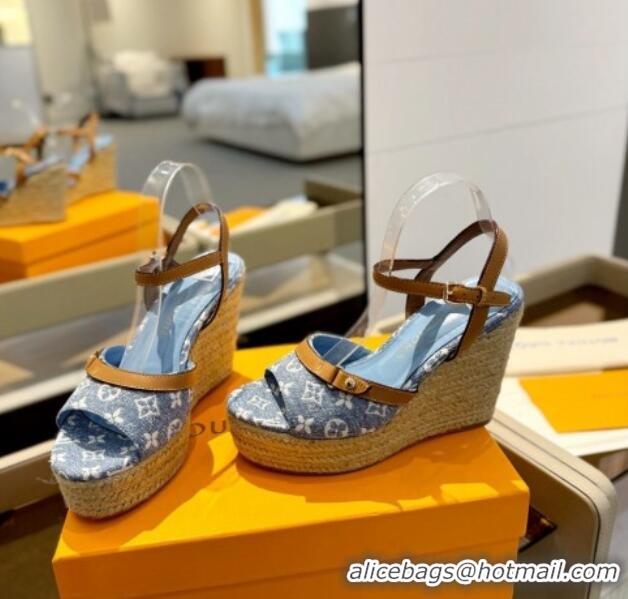 Sumptuous Louis Vuitton Helios Wedge Sandals 11cm in Monogram Jacquard Light Blue 426123