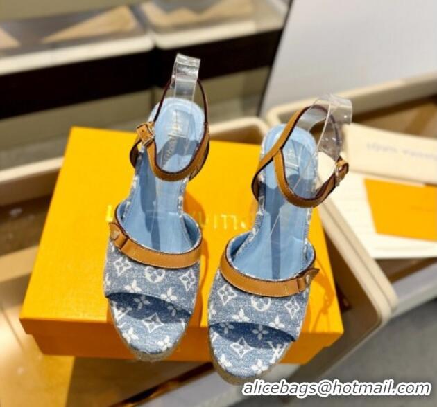 Sumptuous Louis Vuitton Helios Wedge Sandals 11cm in Monogram Jacquard Light Blue 426123