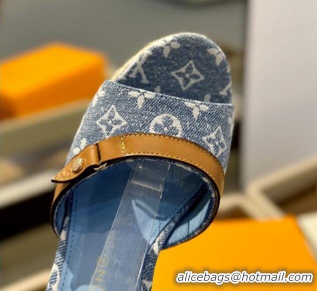 Sumptuous Louis Vuitton Helios Wedge Sandals 11cm in Monogram Jacquard Light Blue 426123