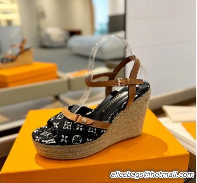 Sophisticated Louis Vuitton Helios Wedge Sandals 11cm in Monogram Jacquard Black 426119