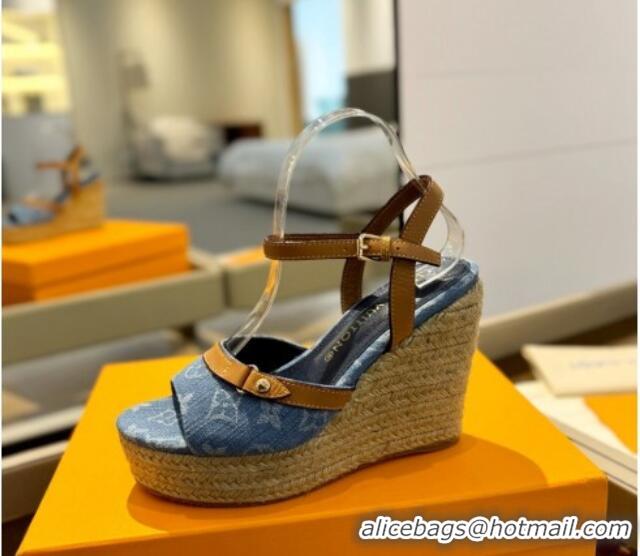 Good Looking Louis Vuitton Helios Wedge Sandals 11cm in Monogram Denim Blue 426120