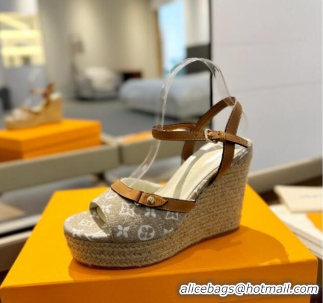 Fashion Luxury Louis Vuitton Helios Wedge Sandals 11cm in Monogram Jacquard Beige 426121