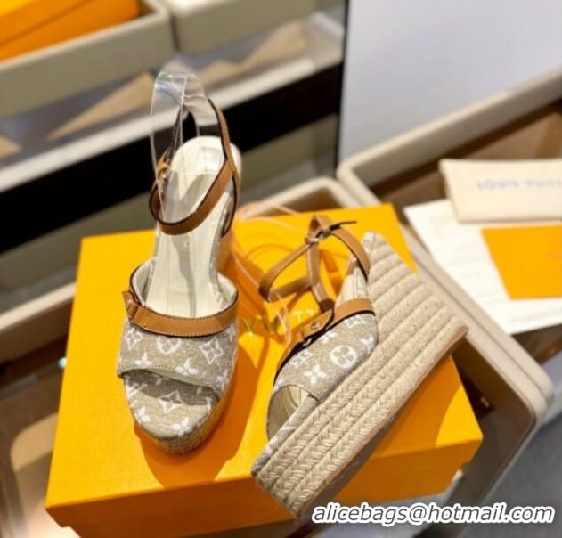 Fashion Luxury Louis Vuitton Helios Wedge Sandals 11cm in Monogram Jacquard Beige 426121