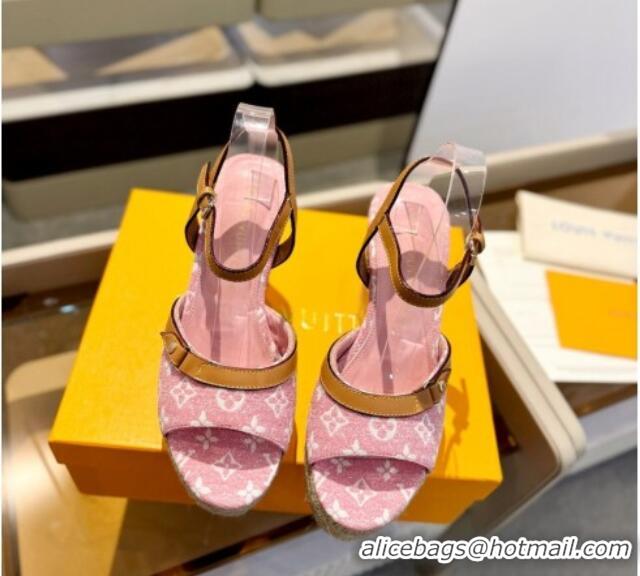 Good Quality Louis Vuitton Helios Wedge Sandals 11cm in Monogram Jacquard Pink 426122