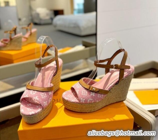 Good Quality Louis Vuitton Helios Wedge Sandals 11cm in Monogram Jacquard Pink 426122