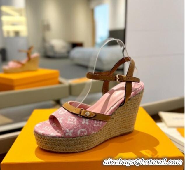 Good Quality Louis Vuitton Helios Wedge Sandals 11cm in Monogram Jacquard Pink 426122