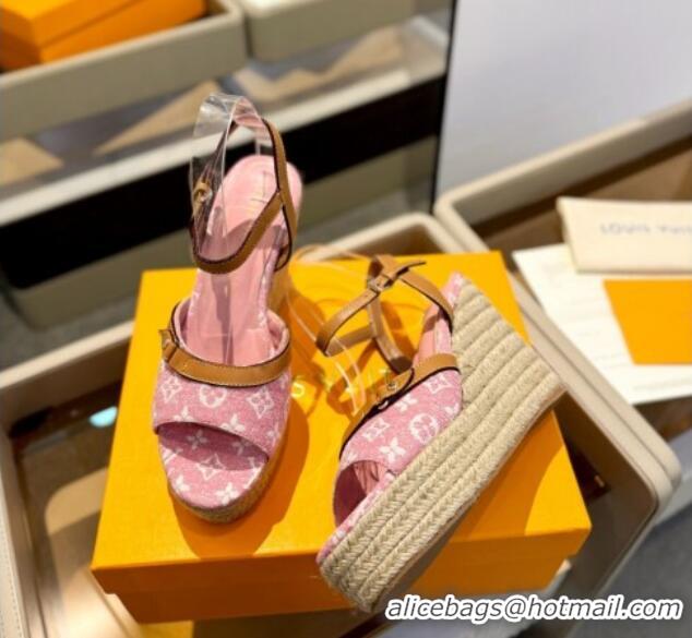 Good Quality Louis Vuitton Helios Wedge Sandals 11cm in Monogram Jacquard Pink 426122