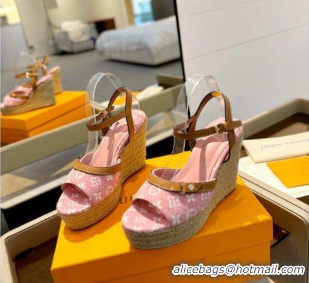 Good Quality Louis Vuitton Helios Wedge Sandals 11cm in Monogram Jacquard Pink 426122